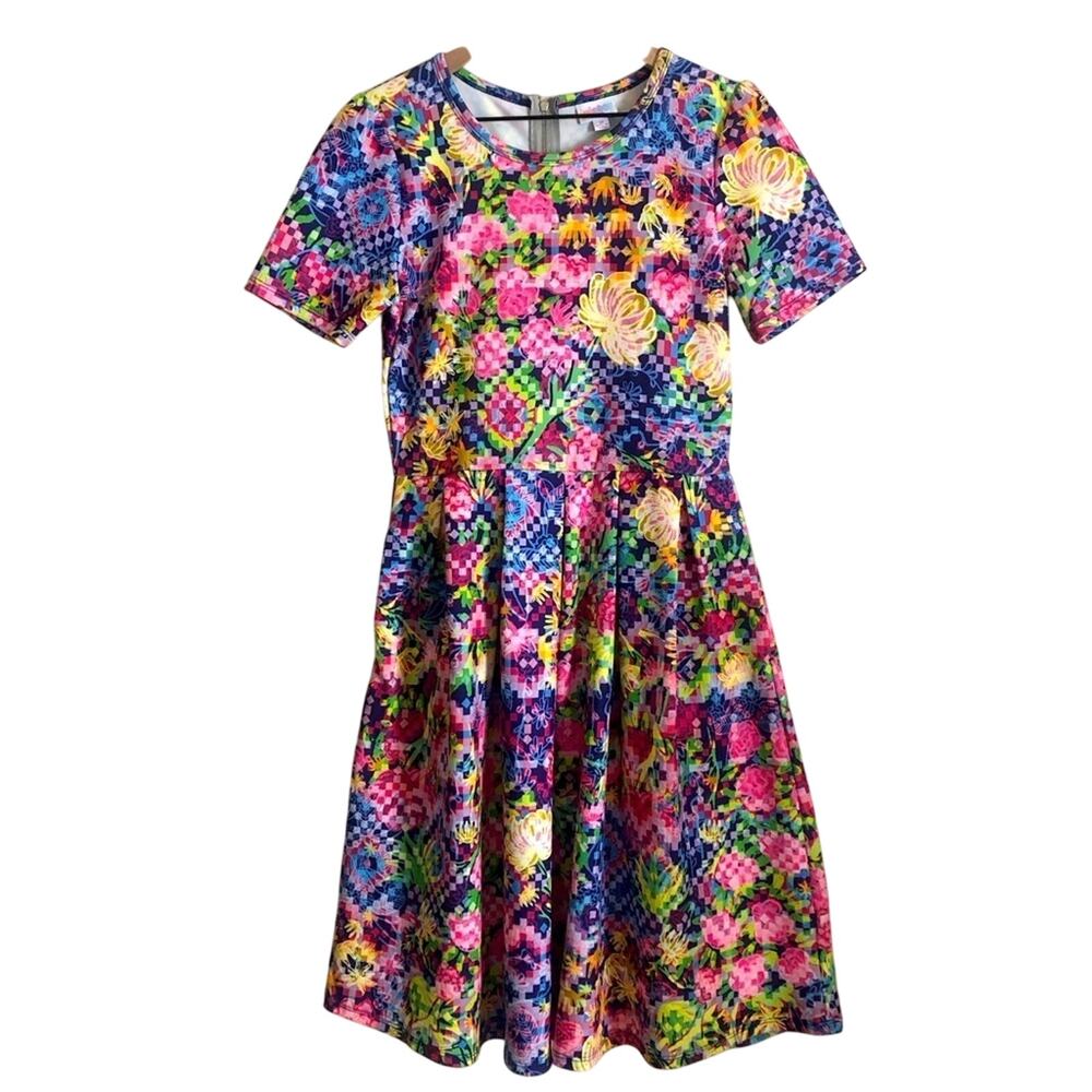 LuLaRoe Multicolor Geometric Floral Fit Flare Short Sleeve Mini Dress Medium